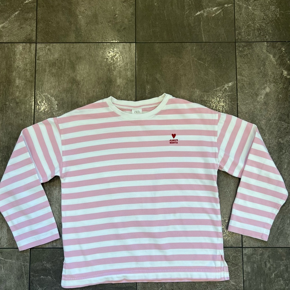 Zara Pink and White Striped Kids Shirt heart embroidered 11/12 heavy material - Picture 3 of 7
